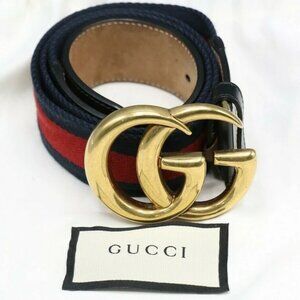 Gucci Gold GG Canvas Webbing Belt w/ Black Leather Sz 85/34